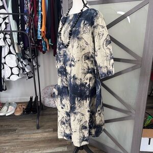 Motorists Abstract Blue and Cream Linen Dress